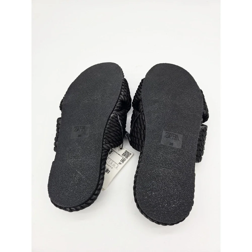 Zara Black Rope Slide Sandals Size 36 Coastal Boho Minimalist Beach Vacation - Picture 3 of 4